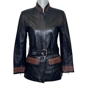 Charles Calfun Black Leather Jacket brown weave details size XS